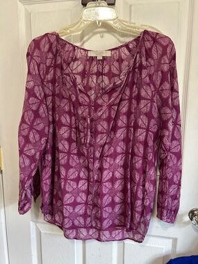 LOFT Purple Printed Peasant Blouse with Tie Neck